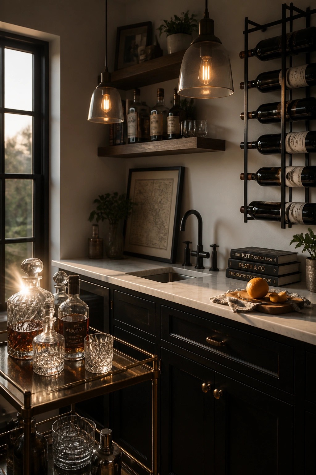 A modern home bar with black cabinets, a white marble countertop, dark wood floating shelves with liquor bottles, and a black metal wine rack on the right wall.