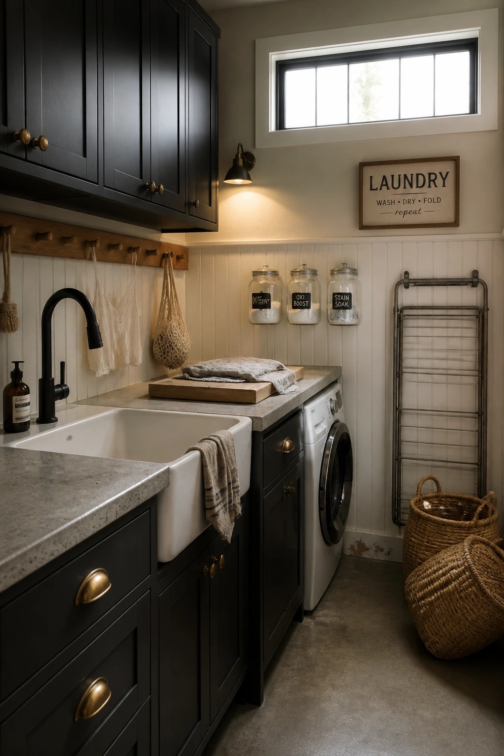A laundry room featuring black cabinets, a white farmhouse sink, a front-loading washer, glass storage jars, and woven baskets on a concrete floor.