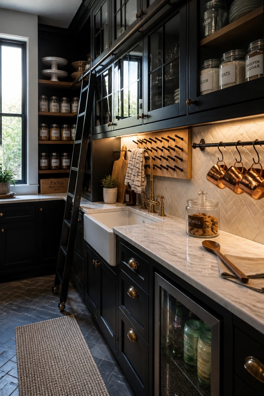 A kitchen interior featuring black painted cabinets, white marble countertops, a white farmhouse sink, and open wood shelves holding glass jars.