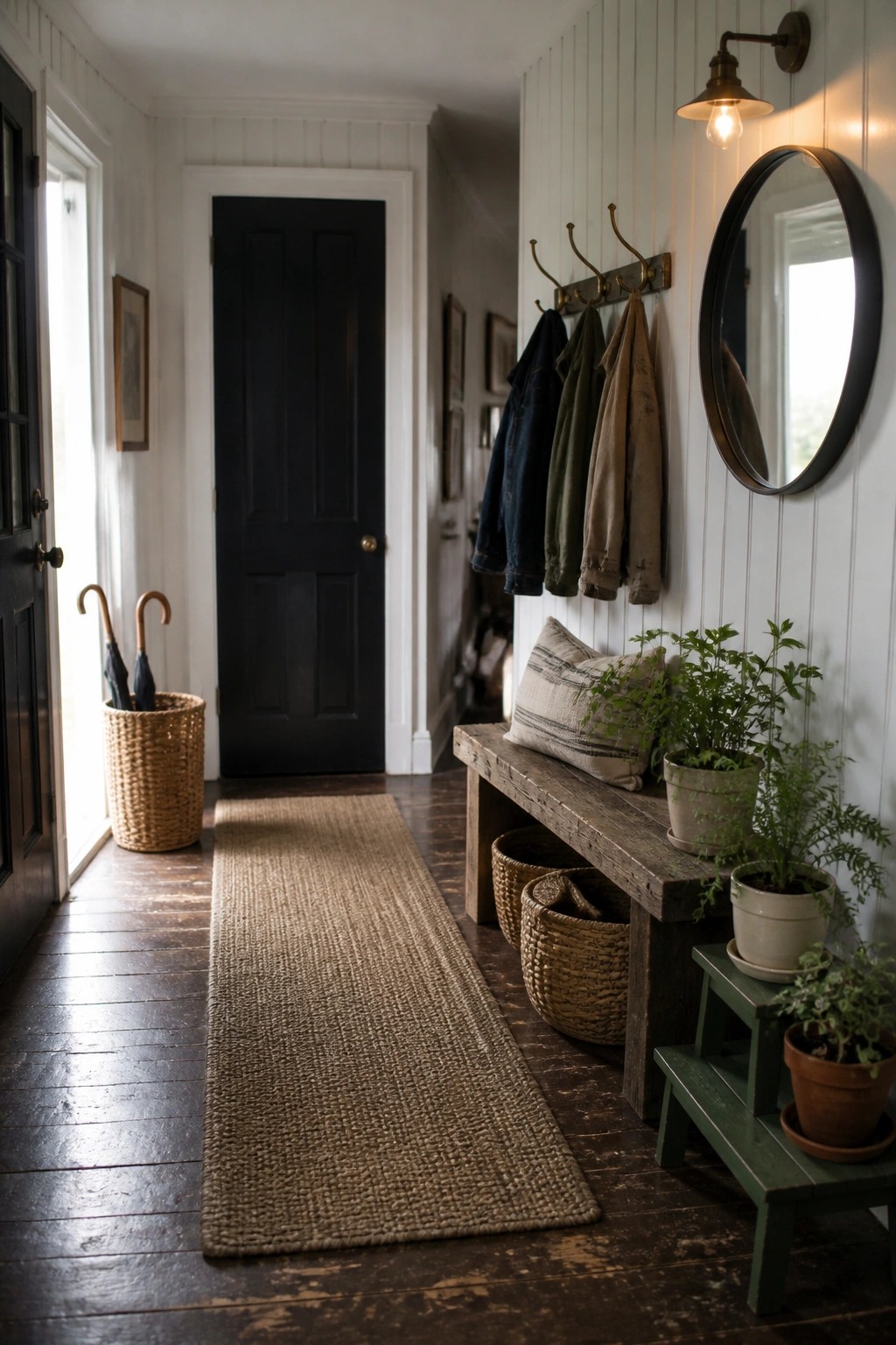 A farmhouse entry hall with white beadboard walls, two black doors, a wooden bench with baskets underneath, a woven rug, and potted plants on a green step stool.