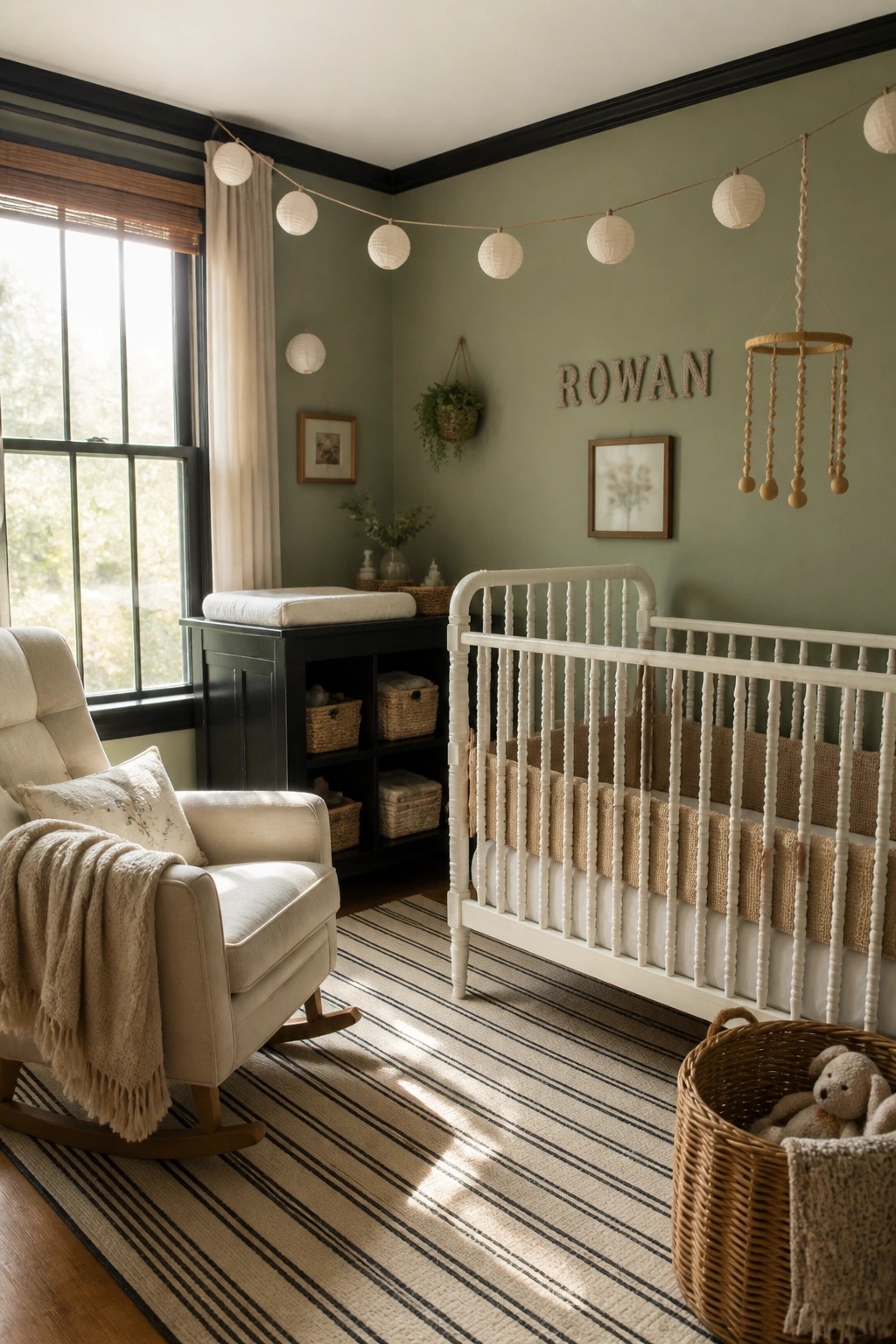 A nursery with sage green walls, a white crib, black dresser used as a changing table, rocking chair, and striped rug.