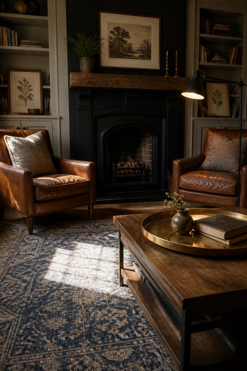 A living room with a black fireplace, wooden mantel, two brown leather armchairs, a wooden coffee table on a patterned rug, and built-in bookshelves on both sides.