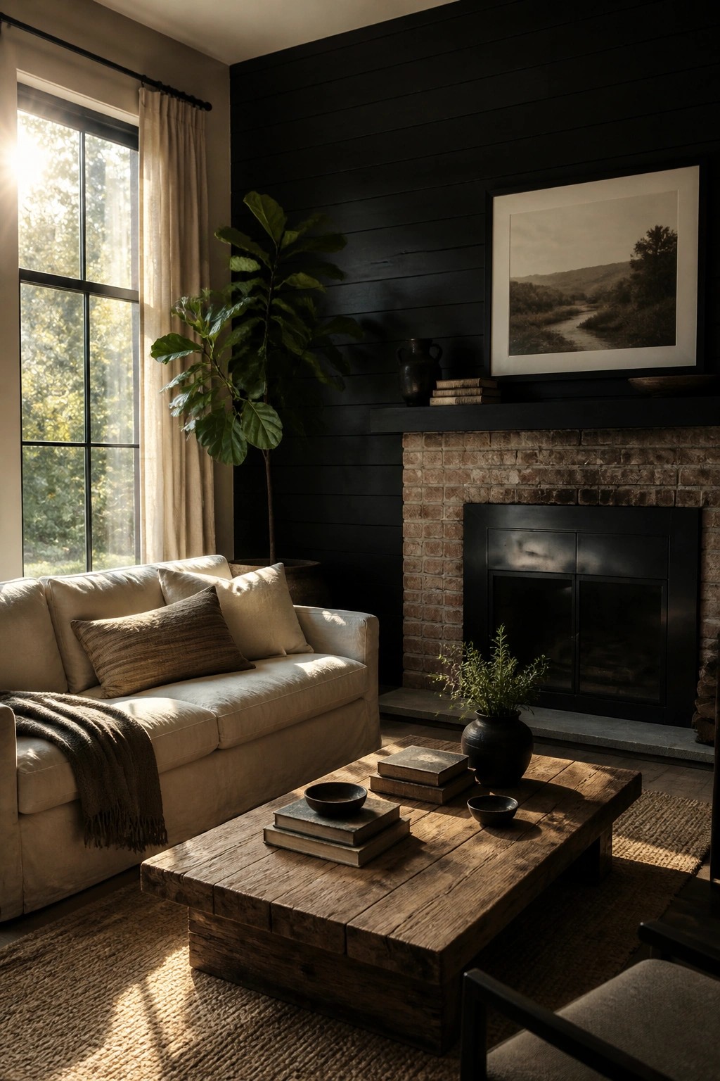 A living room featuring a white sofa, rustic wooden coffee table, and a large black accent wall above a brick fireplace with a framed landscape print.