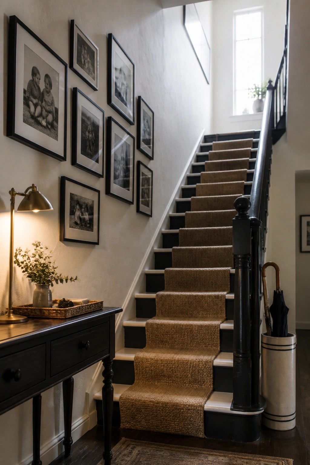 A staircase with black painted risers and treads, a beige runner, black railing, and a gallery wall of black framed photos beside a dark wood console table.