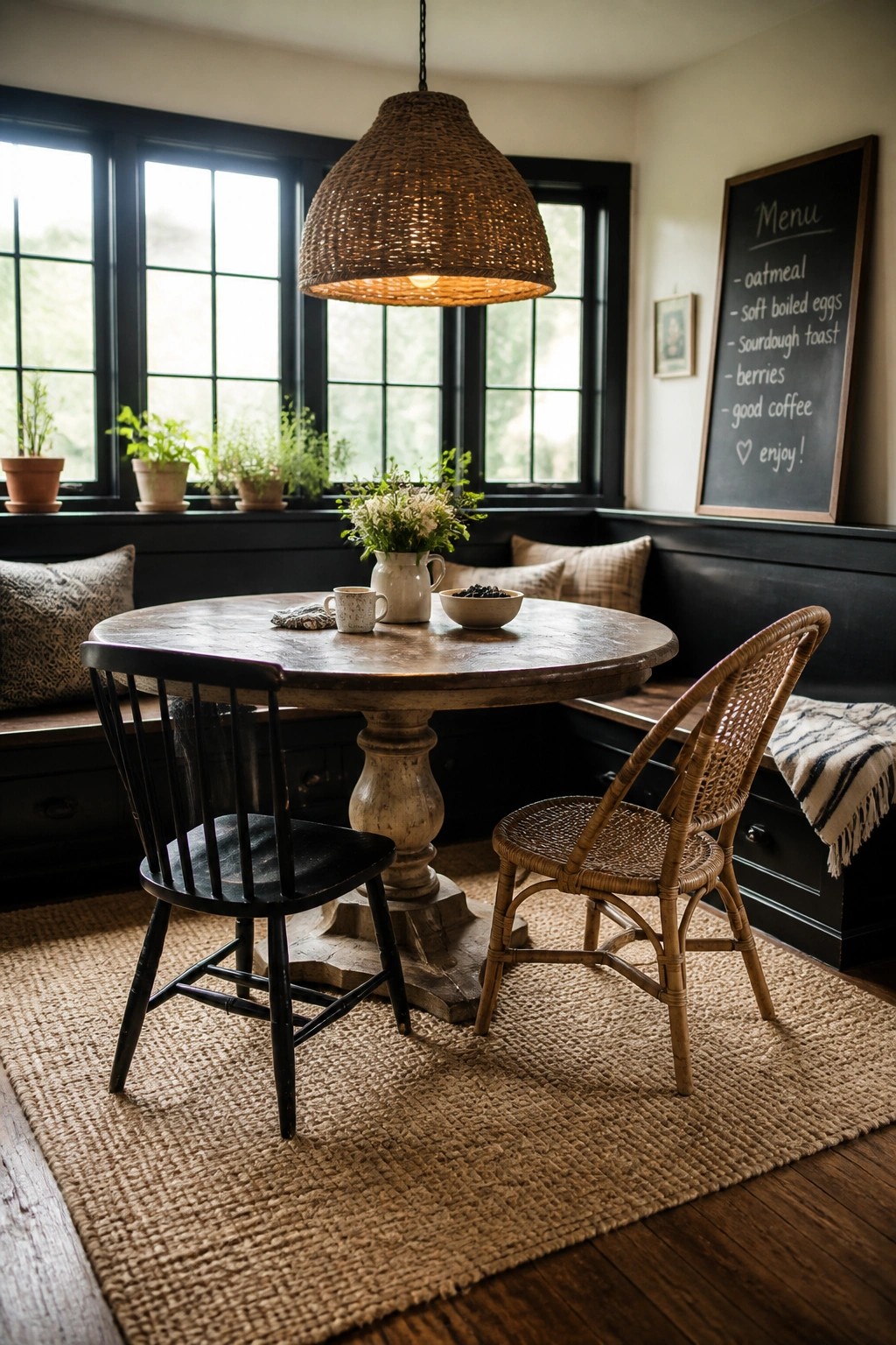 A round wooden dining table with a black spindle chair and a wicker chair sits on a jute rug beneath a woven pendant light, with black window frames and a chalkboard menu visible in the background.