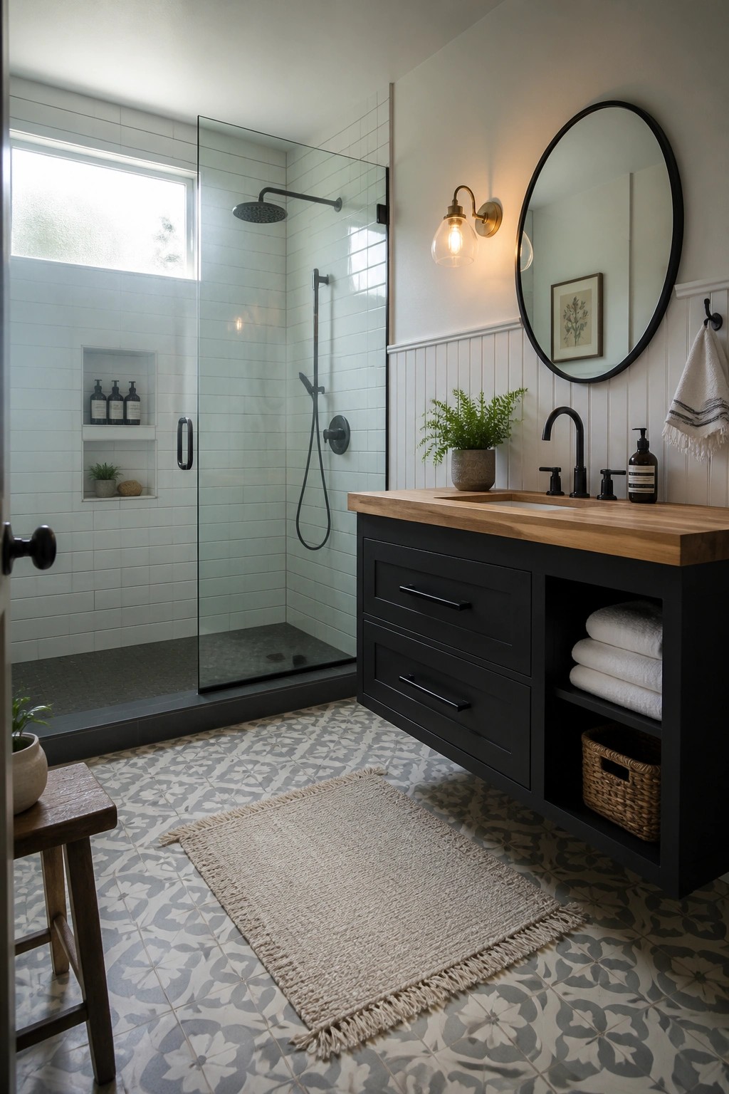 A farmhouse bathroom with a black vanity cabinet, wooden countertop, round mirror, and glass shower enclosure with light subway tile.