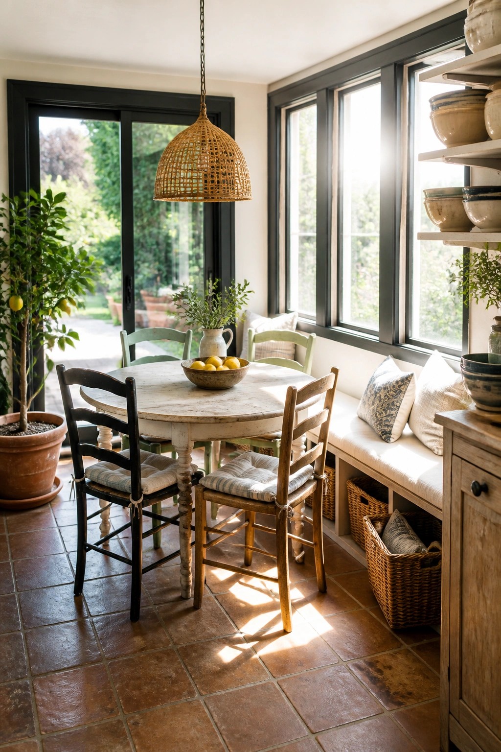 A bright dining room with black-framed windows and doors, a round wooden table, and woven light fixture.