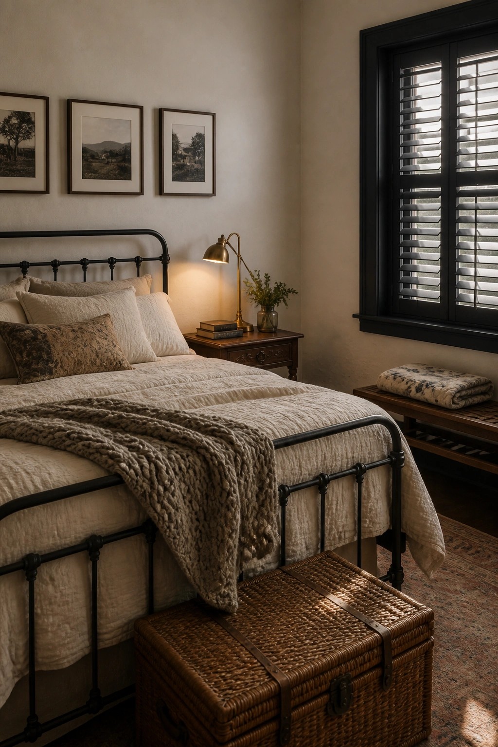 A bedroom featuring a black metal bed frame, light neutral bedding, a wooden nightstand with a brass lamp, three framed pictures above the bed, and a black-framed window with shutters on the right wall.