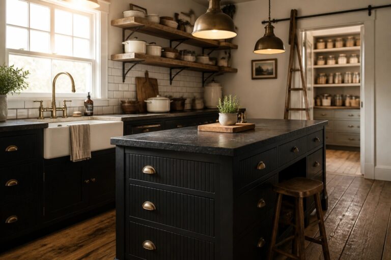 A kitchen interior showing a large black painted island with brass hardware, a white farmhouse sink, open wooden shelves, and a wooden stool on a dark wood floor.