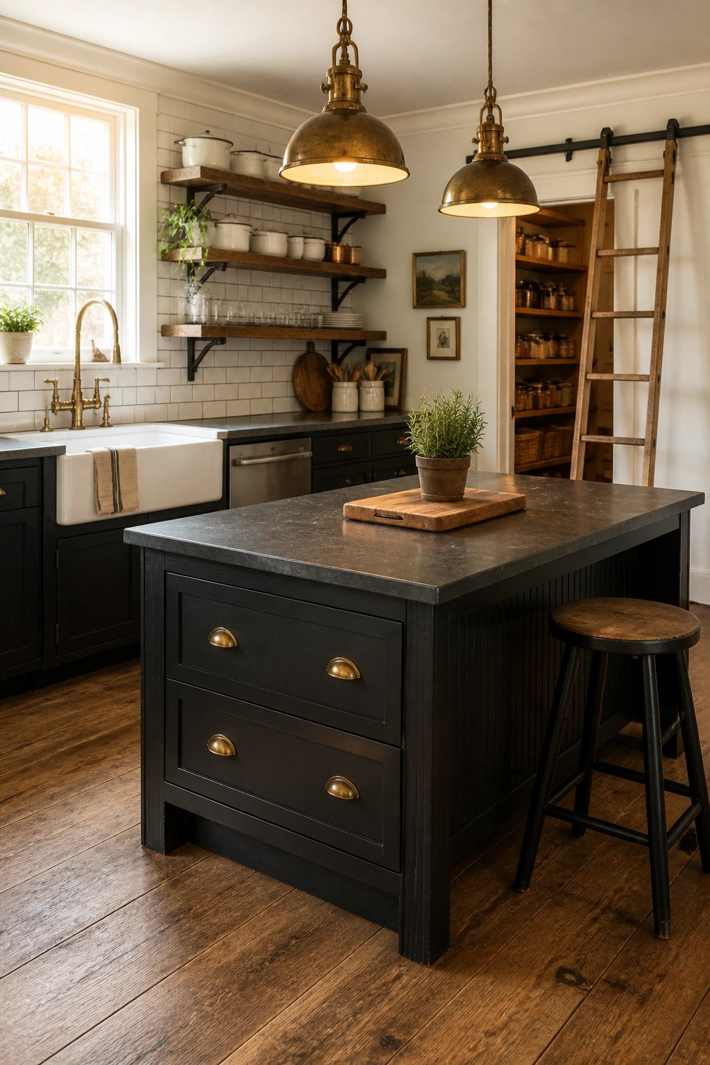 A kitchen interior showing a large black painted island with brass hardware, a white farmhouse sink, open wooden shelves, and a wooden stool on a dark wood floor.