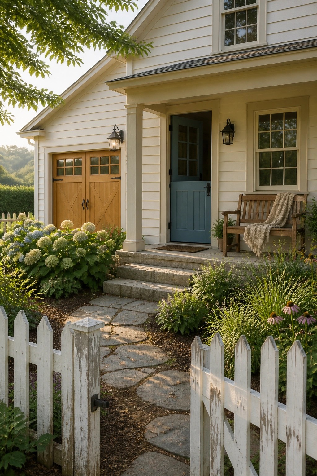 White cottage with blue door, stone path, picket fence, and blooming hydrangeas.
