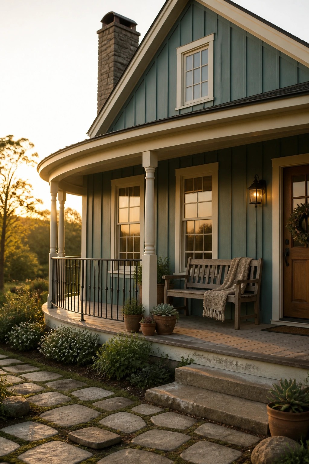 A farmhouse with sage green siding, white trim, a covered porch with a wooden bench, and a stone pathway leading to the steps.