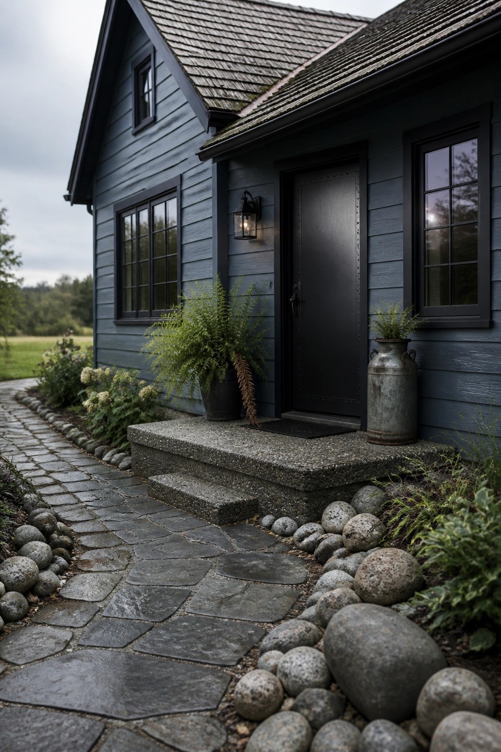 A blue-gray painted farmhouse exterior with black door and windows, stone steps, and a cobblestone path leading to the entrance.