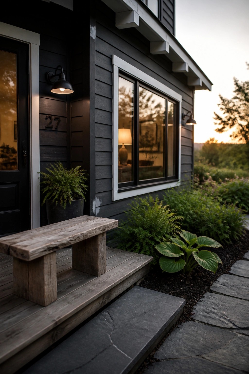 A dark gray farmhouse exterior with a black door, white-trimmed window, wooden bench on the steps, and stone pathway.