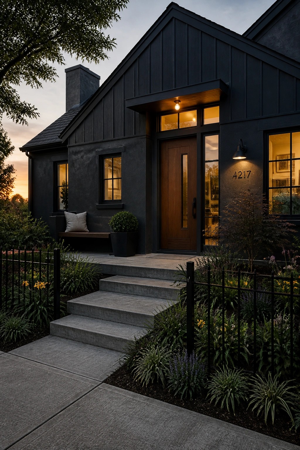 A dark painted farmhouse exterior with a wooden front door, concrete steps, and landscaping at dusk.