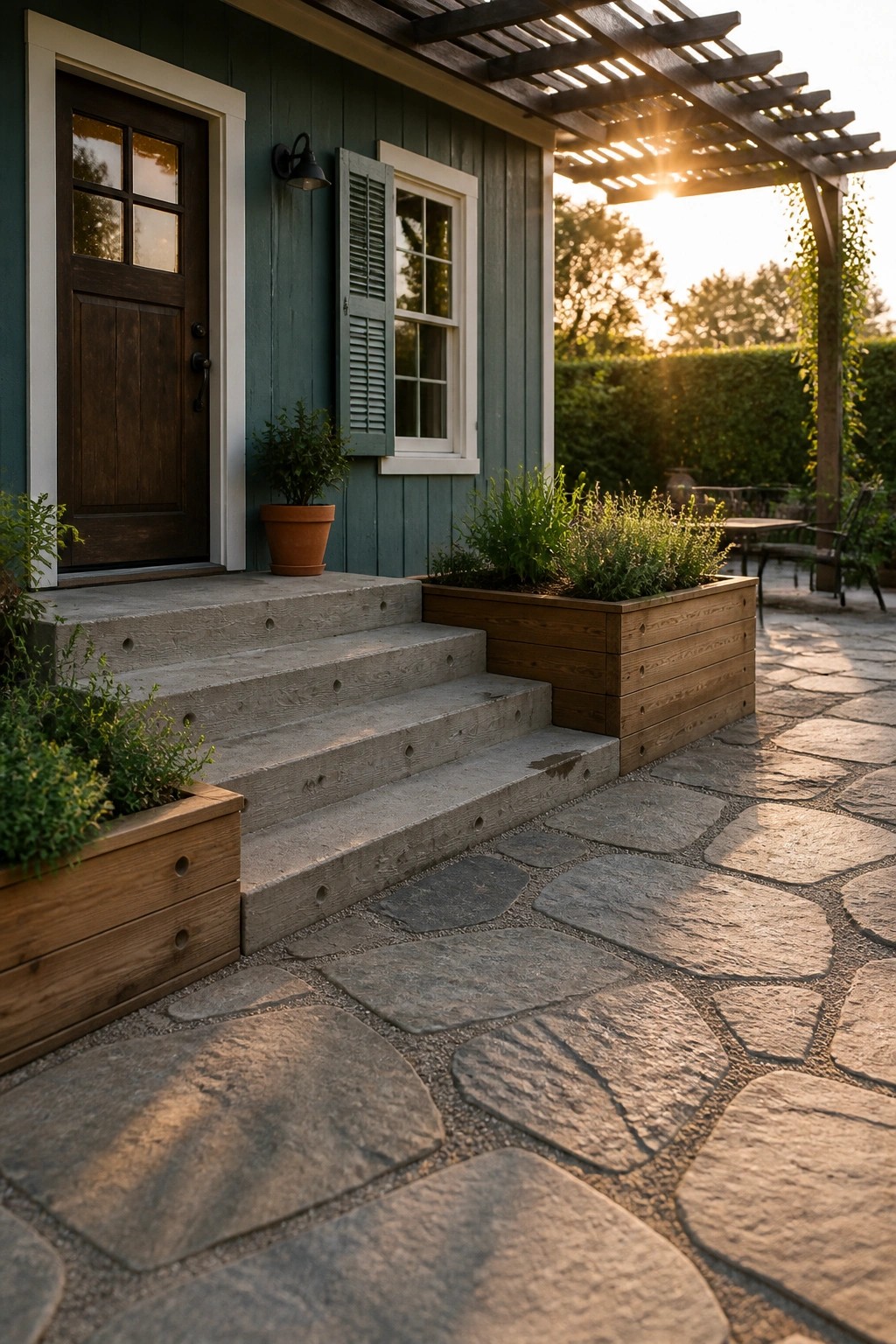 A teal-green painted house exterior with white trim, a dark wood door, concrete steps, and a stone patio with wooden planters.