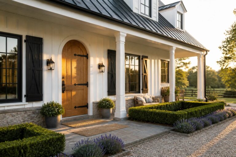 20 Farmhouse Exterior Paint Colors for Lasting Curb Appeal White farmhouse with black roof, arched wooden door, and lavender garden path