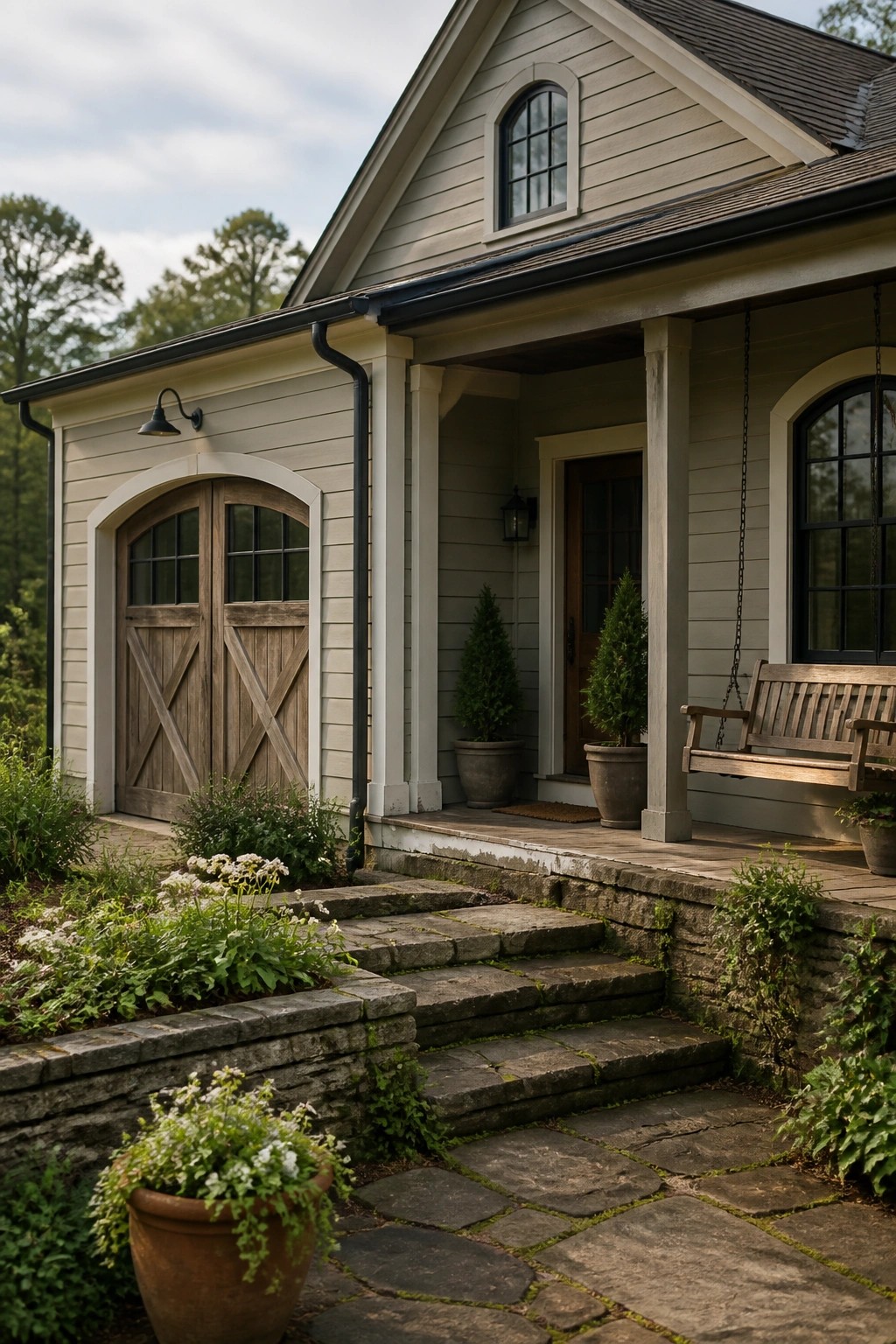 A farmhouse exterior with light neutral siding, arched wooden doors, a front porch with a wooden swing, and stone steps leading to the entrance.