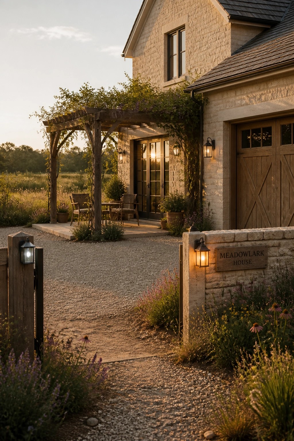 A light stone farmhouse exterior with a wooden garage door, vine-covered pergola over the entry, and gravel driveway lined with wildflowers.
