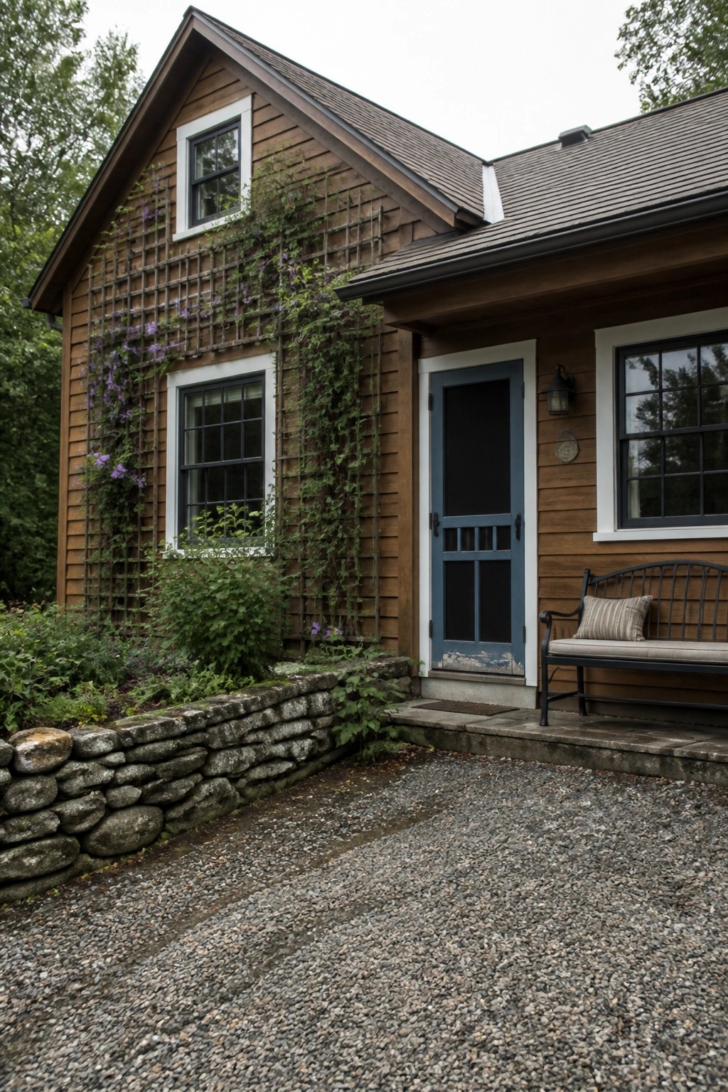 A wooden house exterior with a blue front door, white trim, and vines growing on trellises beside two windows.