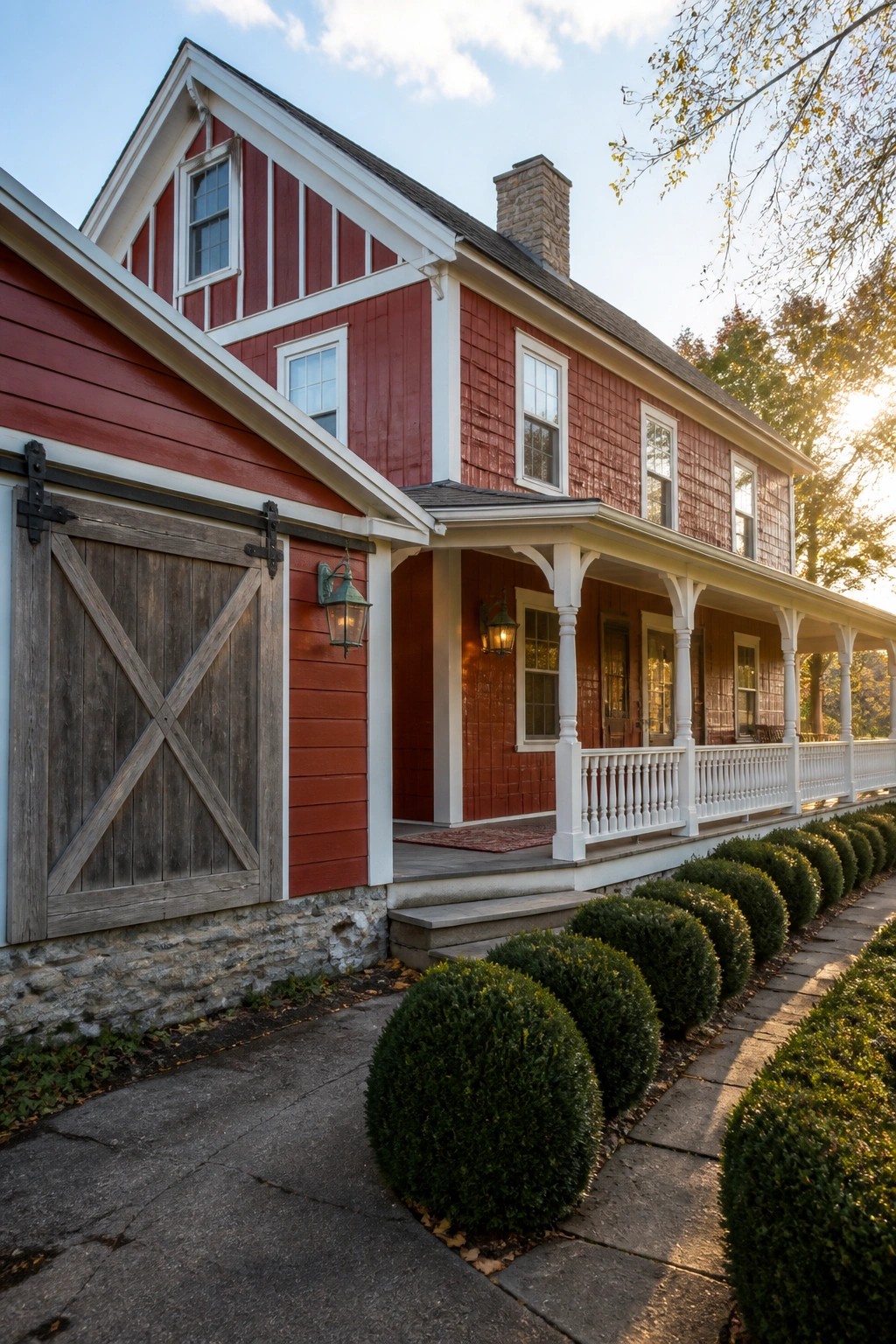 A red wooden farmhouse with white trim, a stone foundation, a front porch, and shrubs lining the walkway.