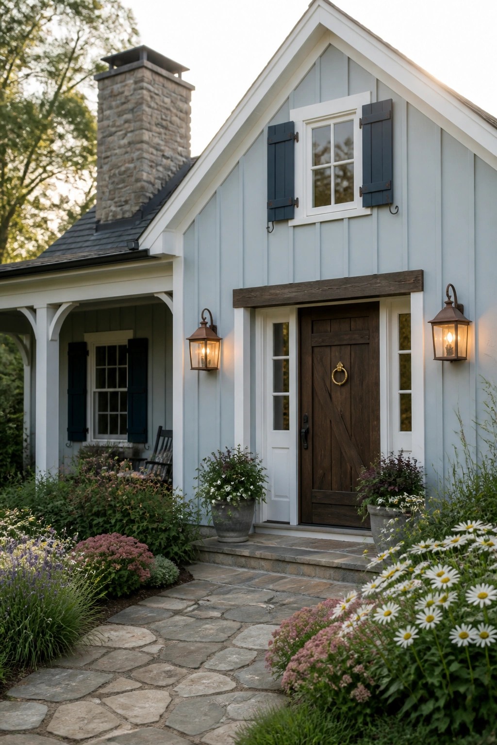 A light blue farmhouse exterior with white trim, dark shutters, a wooden door, and a stone chimney, seen from a stone walkway lined with flowers.