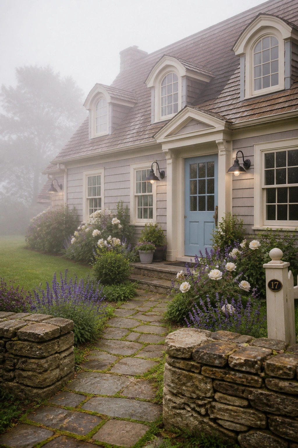 A gray shingle-sided house with white trim, a light blue door, and a stone path leading through flower beds and low stone walls.