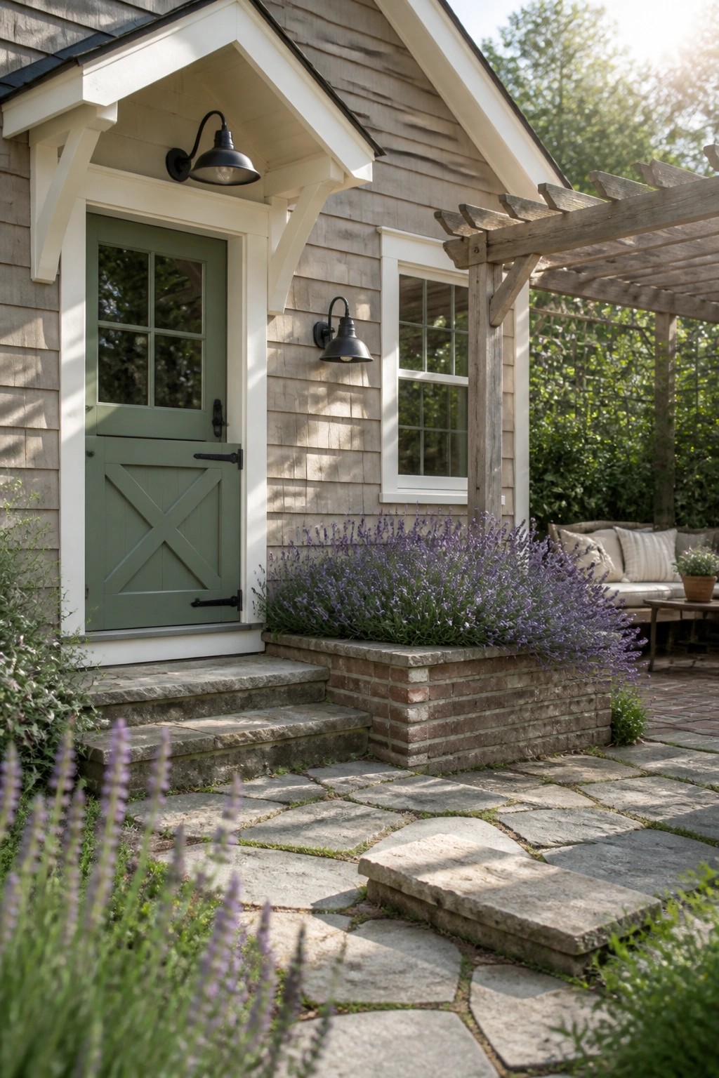 A farmhouse front entrance features a sage green door with black hardware, white trim, stone steps, and lavender plants beside a wooden pergola.