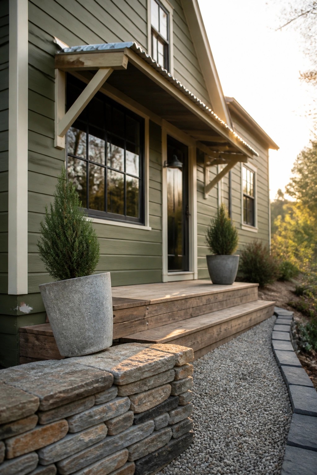 A green painted farmhouse exterior with white trim, a covered porch, black-framed windows, potted shrubs on the steps, and a gravel path beside stacked stone.
