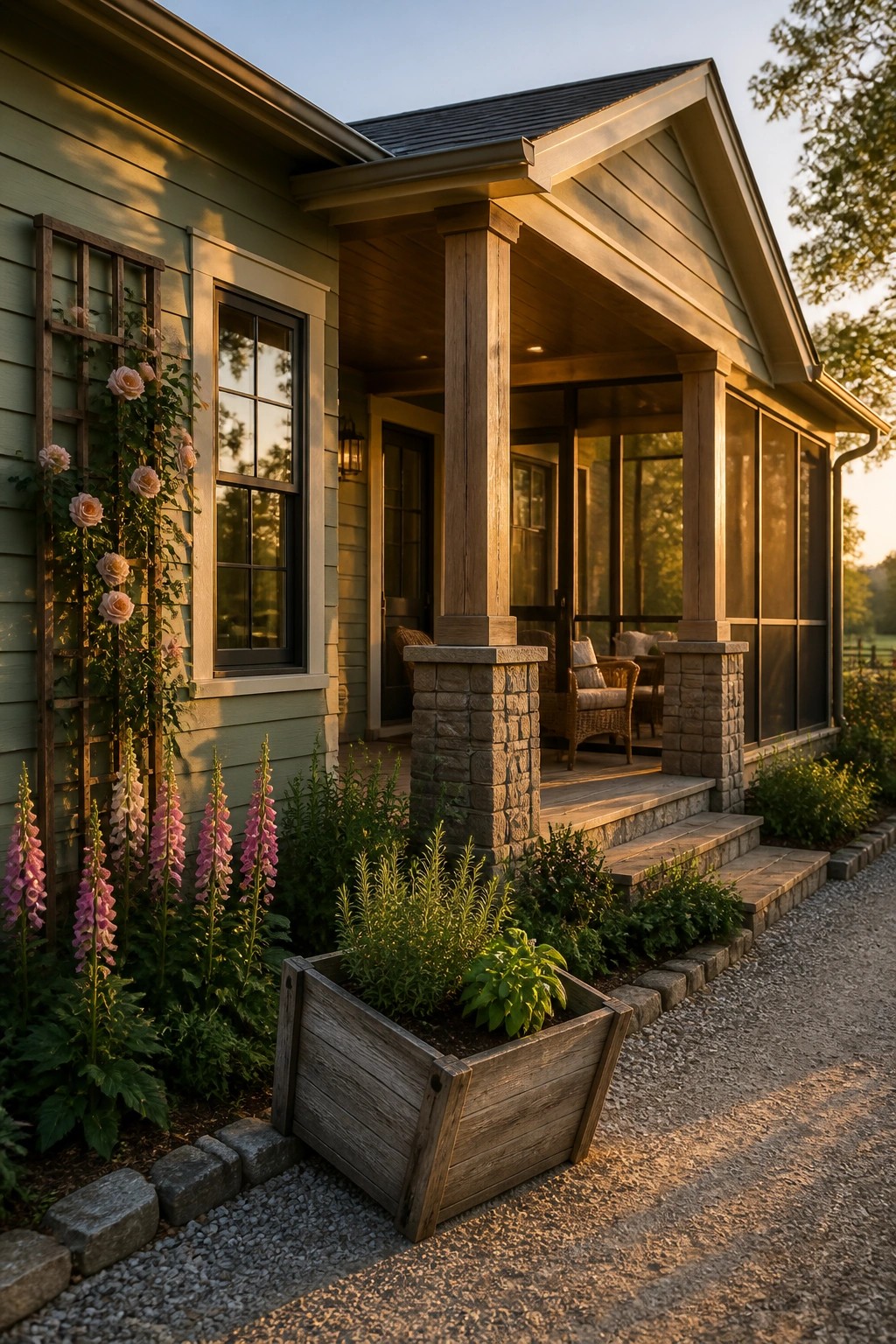 A sage green farmhouse with a wooden porch, stone pillars, and a trellis of pink roses beside a window.