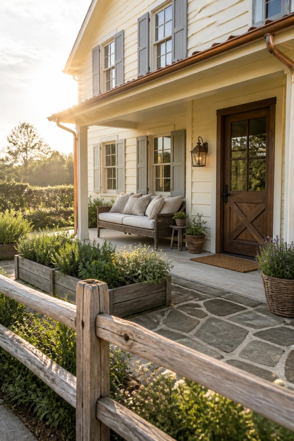 A pale yellow farmhouse exterior with gray shutters, a brown wooden door, and a stone pathway in the foreground.