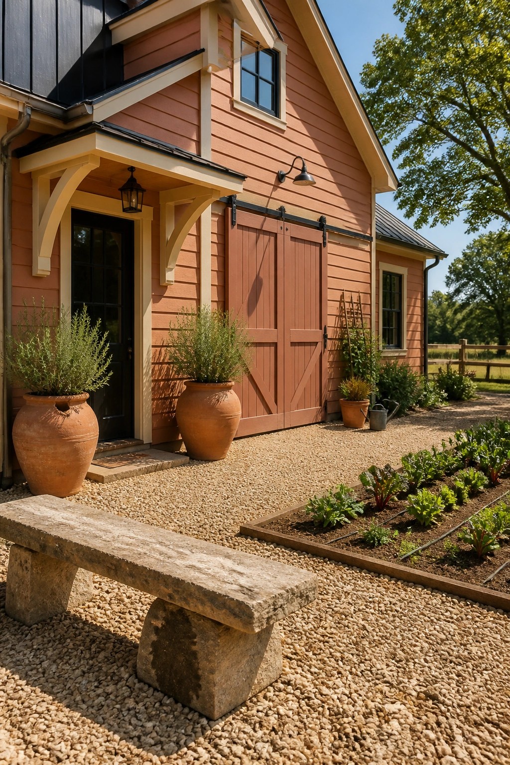 A peach farmhouse exterior with black doors and trim, gravel ground cover, terracotta pots, and a raised vegetable garden in the foreground.