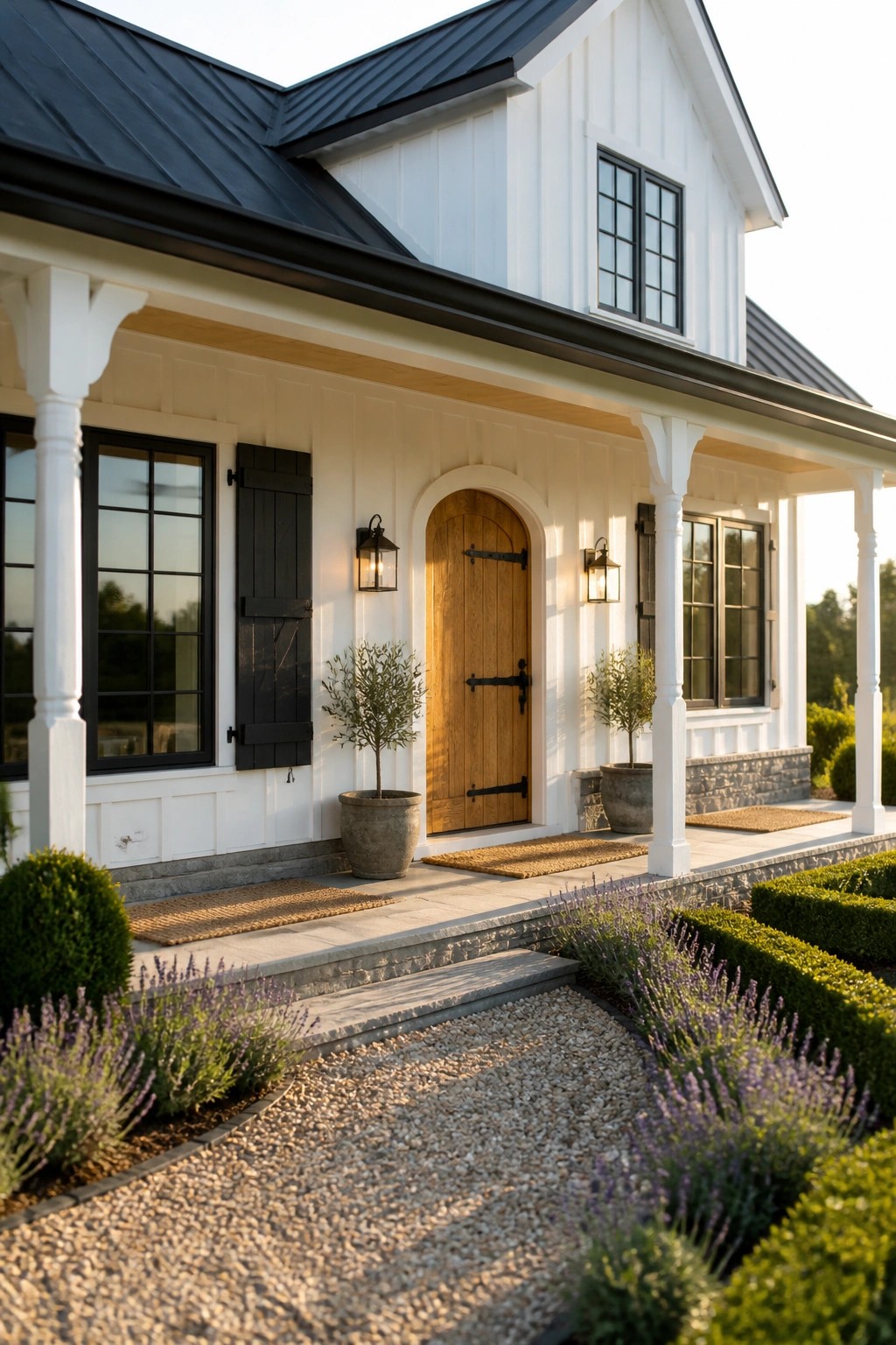 White farmhouse with black roof, arched wooden door, and lavender garden path