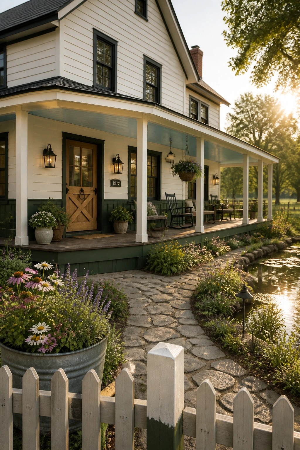 A white two-story farmhouse with dark green trim, a wooden front door, and a stone path beside a garden and pond.