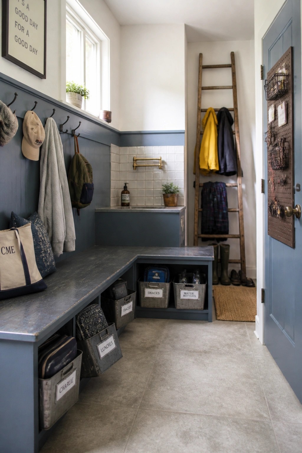 A mudroom interior with blue-gray painted wainscoting, built-in bench storage with labeled bins, wall hooks, and a wooden ladder rack.