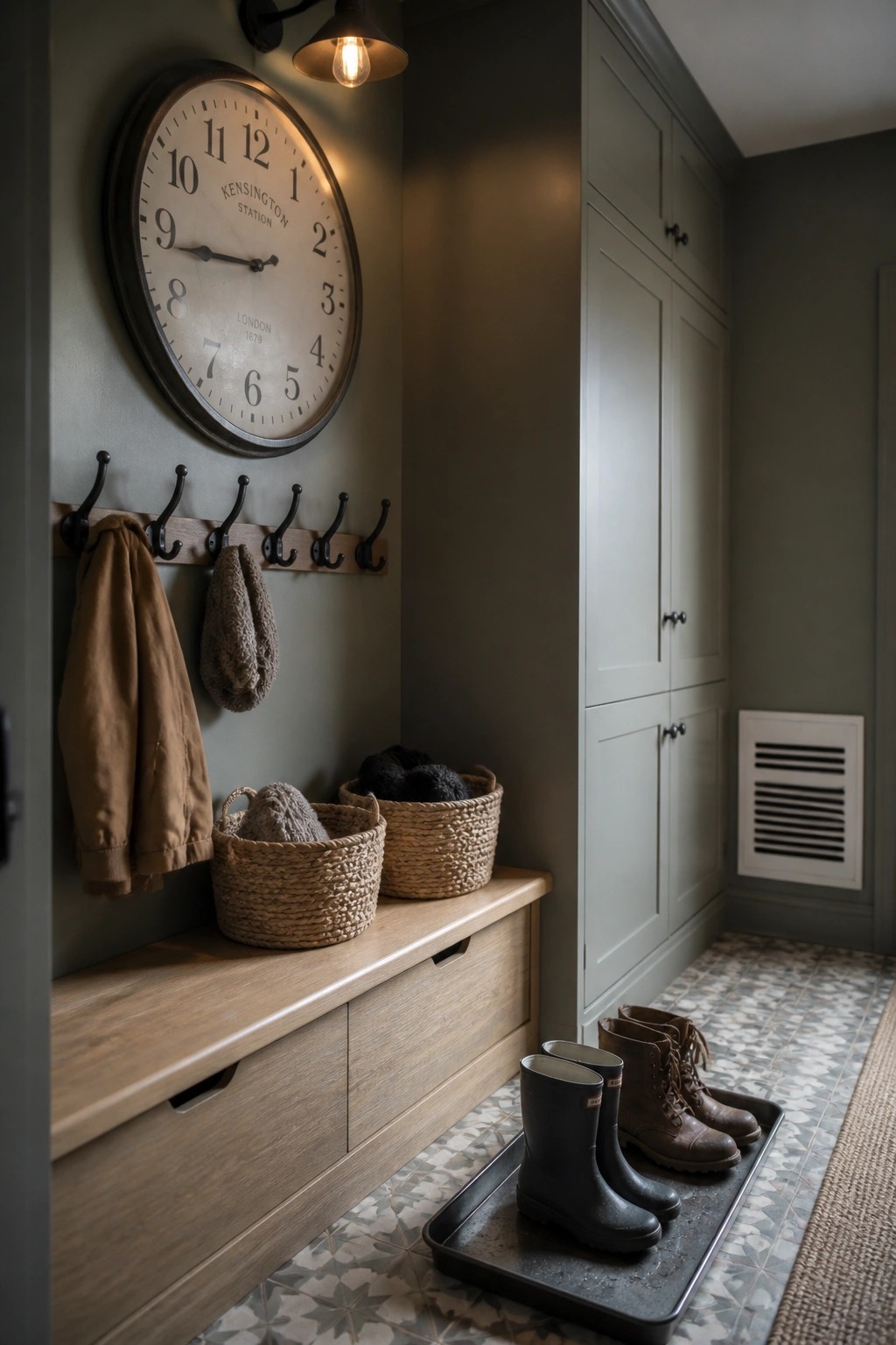 A farmhouse mudroom with a wooden bench, woven baskets, wall hooks, gray painted cabinets, a large round clock, and boots on a tray.