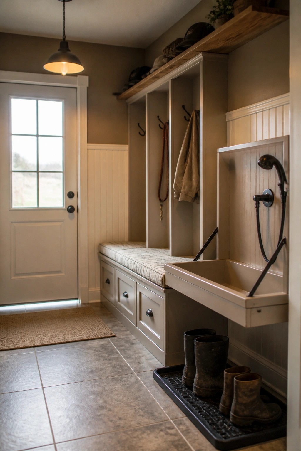 Rustic mudroom with storage bench, cubbies, wall sink, muddy boots, and pendant light.