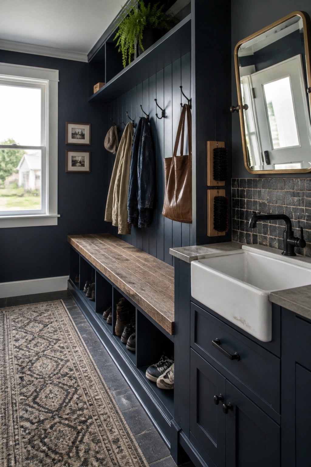 A mudroom with dark navy walls, a long wooden bench with cubby storage underneath, wall hooks holding coats and bags, and a white farmhouse sink with black fixtures on the right.