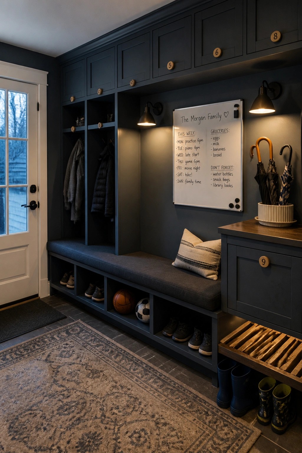 Dark blue mudroom with cushioned bench, coat cubbies, family whiteboard, and shoe storage.