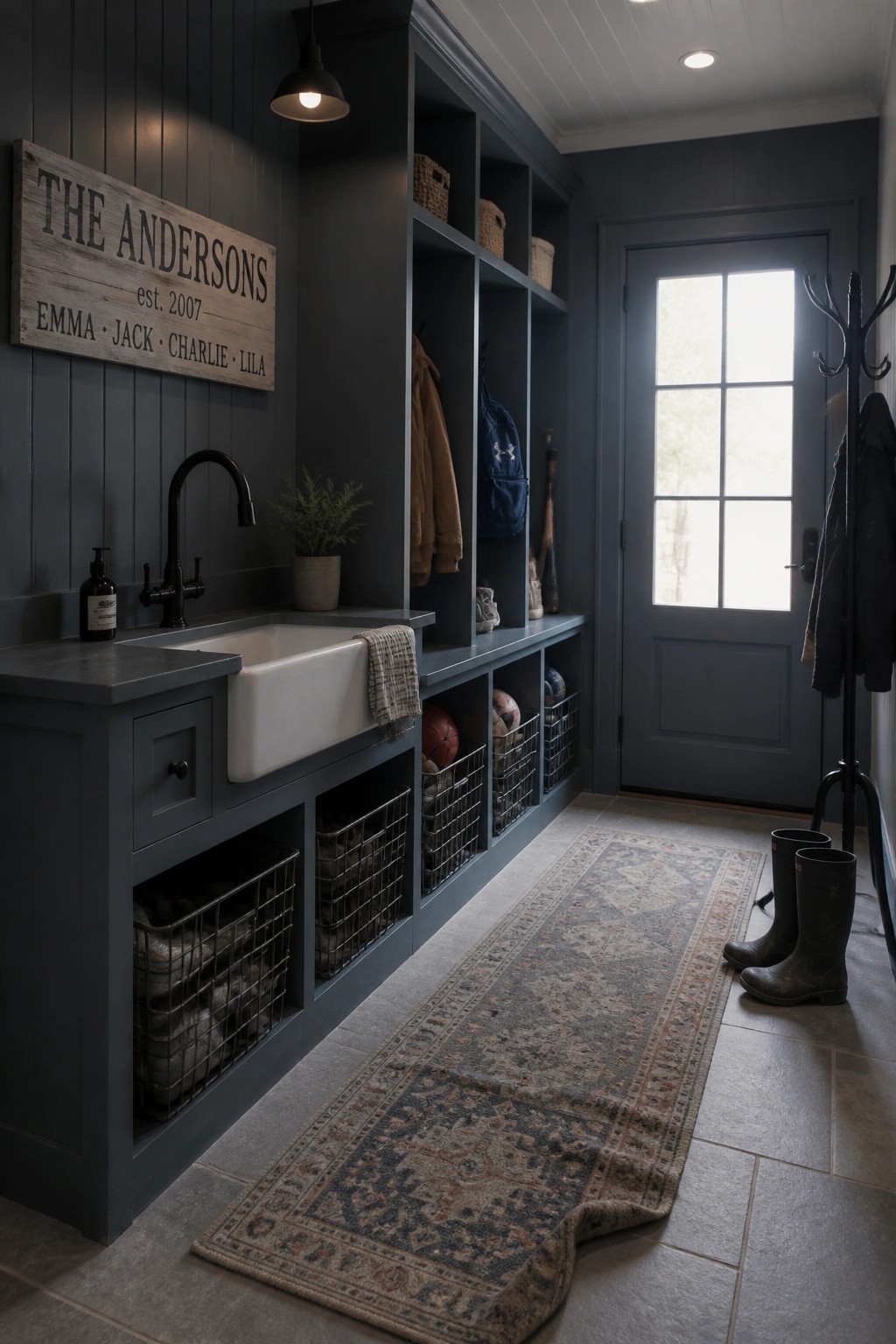 A mudroom interior with dark blue-gray walls, built-in cubbies, a white farmhouse sink, and storage baskets.