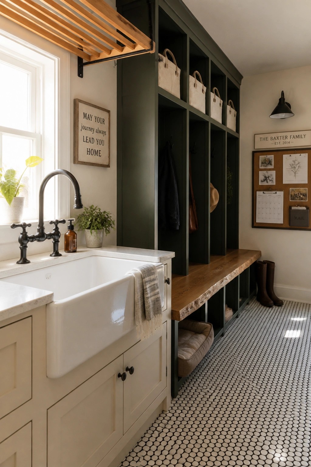 A farmhouse mudroom with dark green upper lockers, a white farmhouse sink, cream lower cabinets, and a wooden bench on a black and white tile floor.