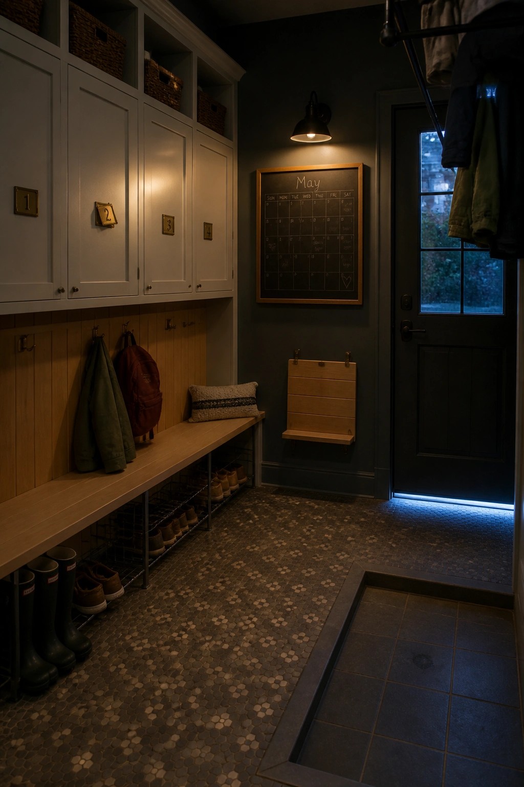 A mudroom interior with white upper cabinets, a long wooden bench, wire shoe racks below, a navy wall with a chalkboard calendar, and a dark door with a window.