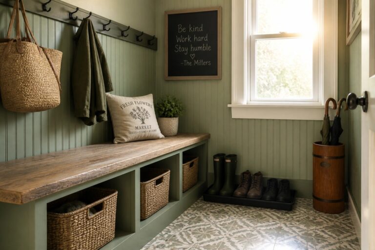 20 Farmhouse Mudroom Paint Colors Designed for Busy Family Homes A mudroom with sage green walls features a long wooden bench with woven storage baskets below, black hooks holding a jacket and bag, an umbrella stand, boots on a tray, and a window on the right side.