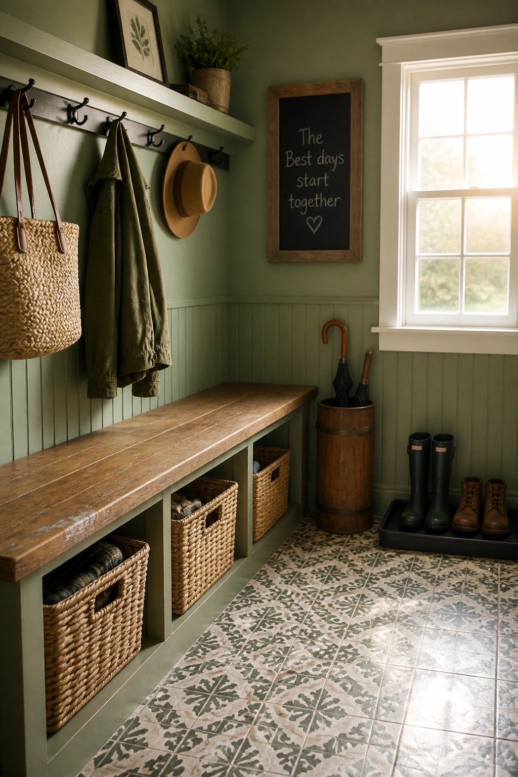 A mudroom with sage green walls features a long wooden bench with woven storage baskets below, black hooks holding a jacket and bag, an umbrella stand, boots on a tray, and a window on the right side.