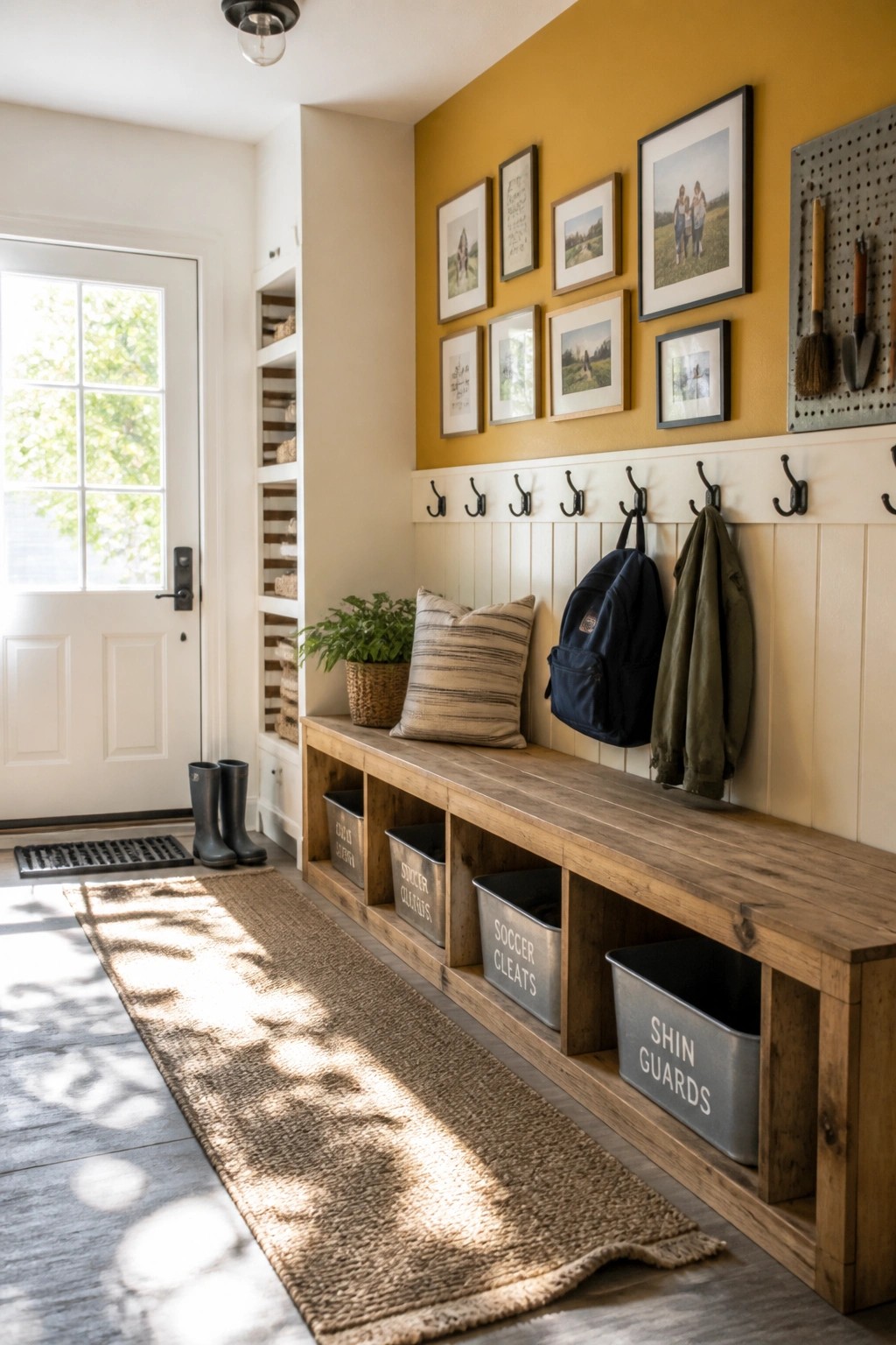 A farmhouse mudroom with a mustard yellow accent wall, wooden bench with storage bins, wall hooks holding a backpack and jacket, and framed photos above.