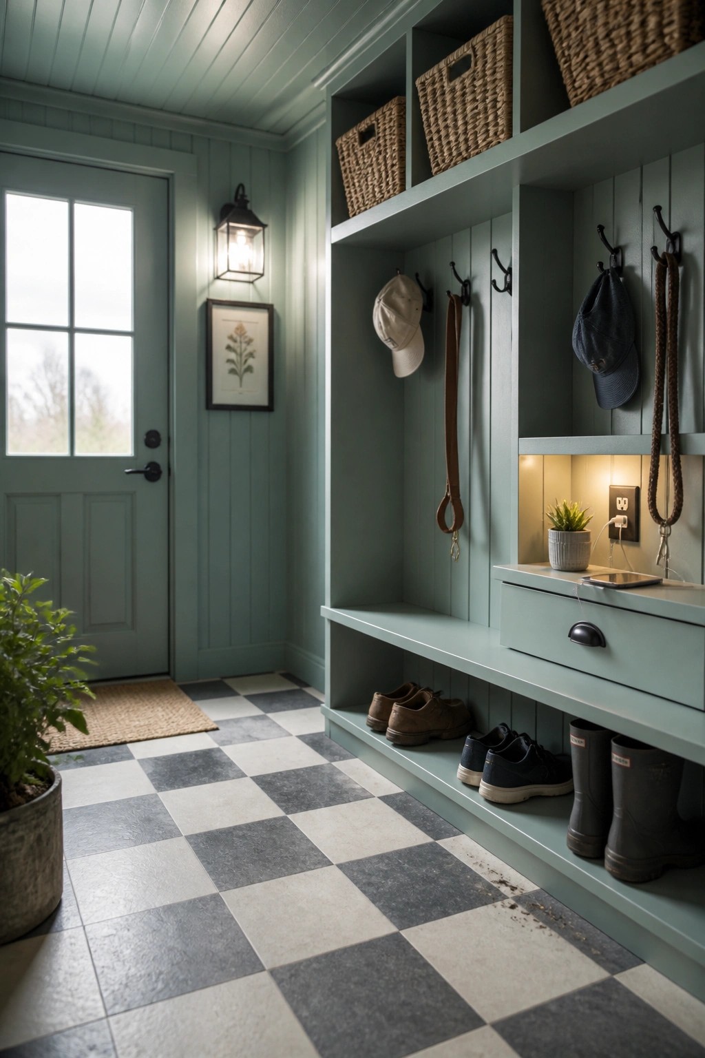 A mudroom interior with sage green built-in cubbies, hooks, and lower shelves holding shoes, boots, caps, and baskets, next to a door and checkered tile floor.