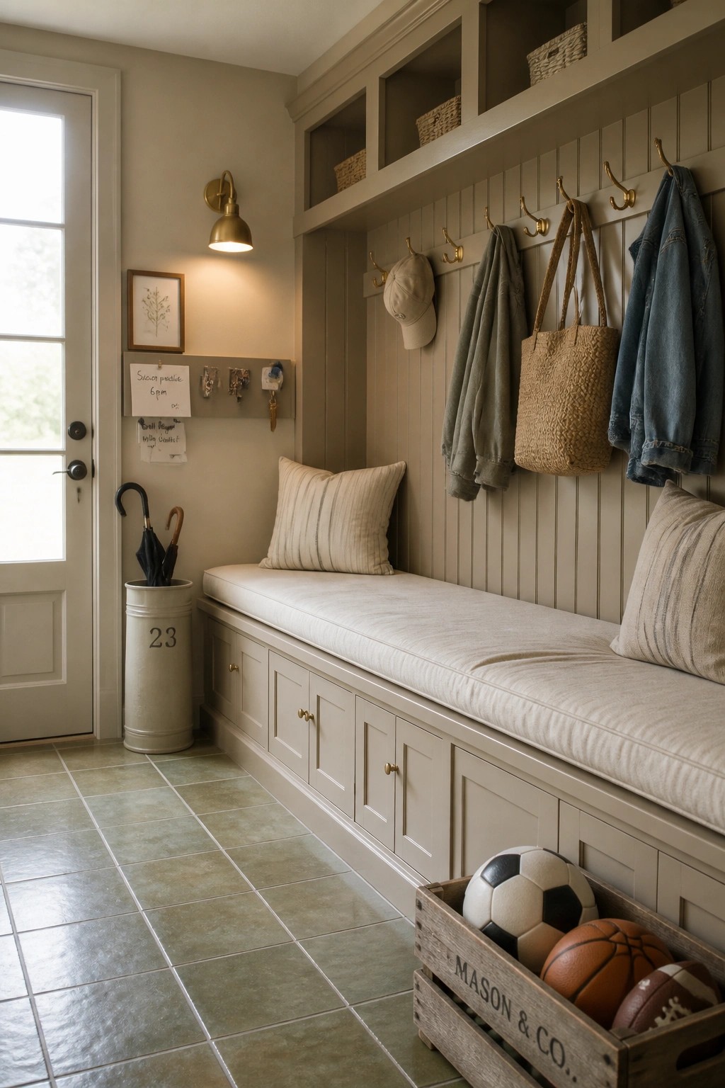 A farmhouse mudroom featuring a long built-in bench with storage cabinets below, wall hooks holding bags and jackets, and open upper shelves, all painted in a soft muted green.