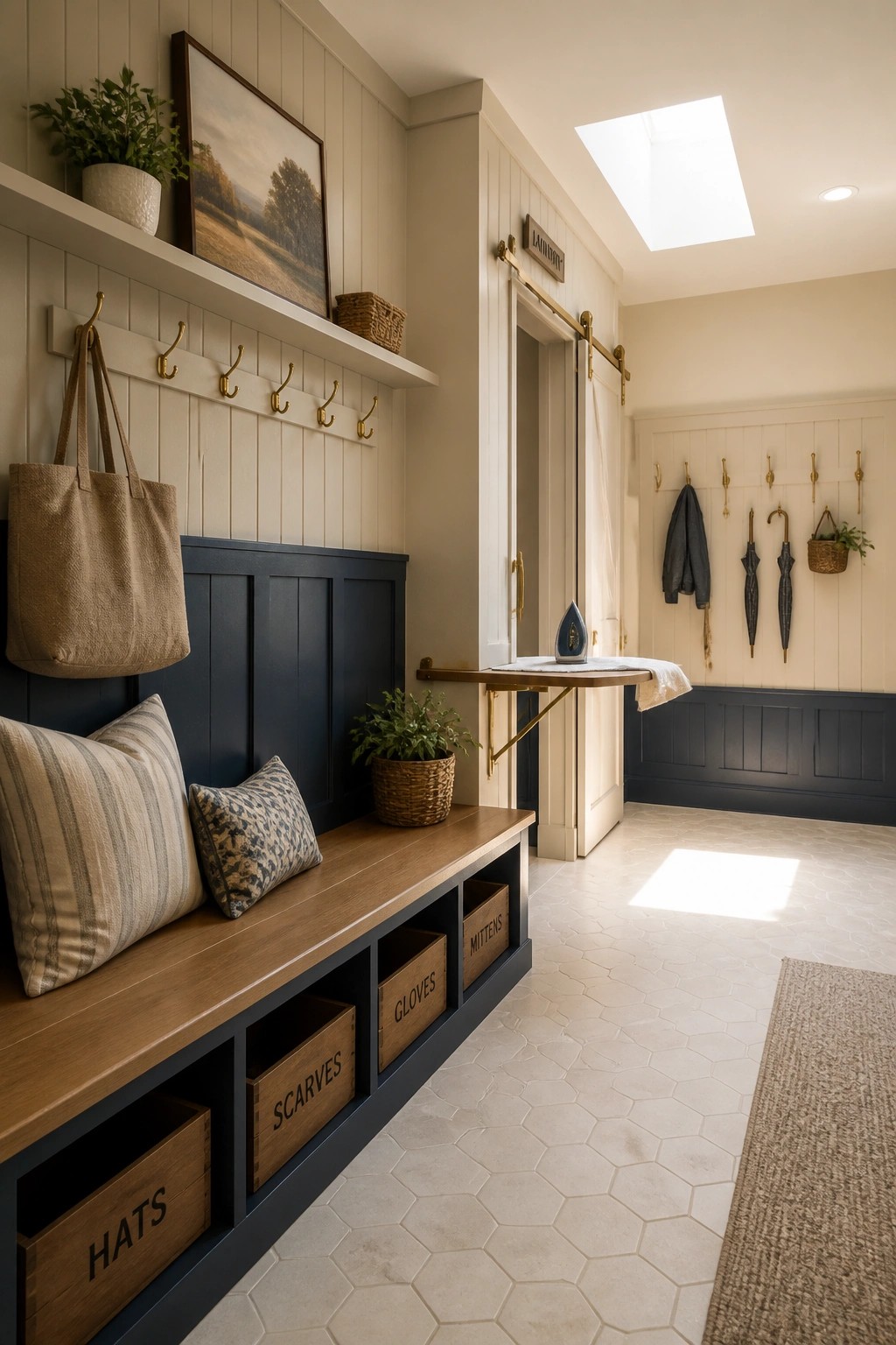 Modern farmhouse mudroom with navy bench, labeled bins, hooks, and laundry door.