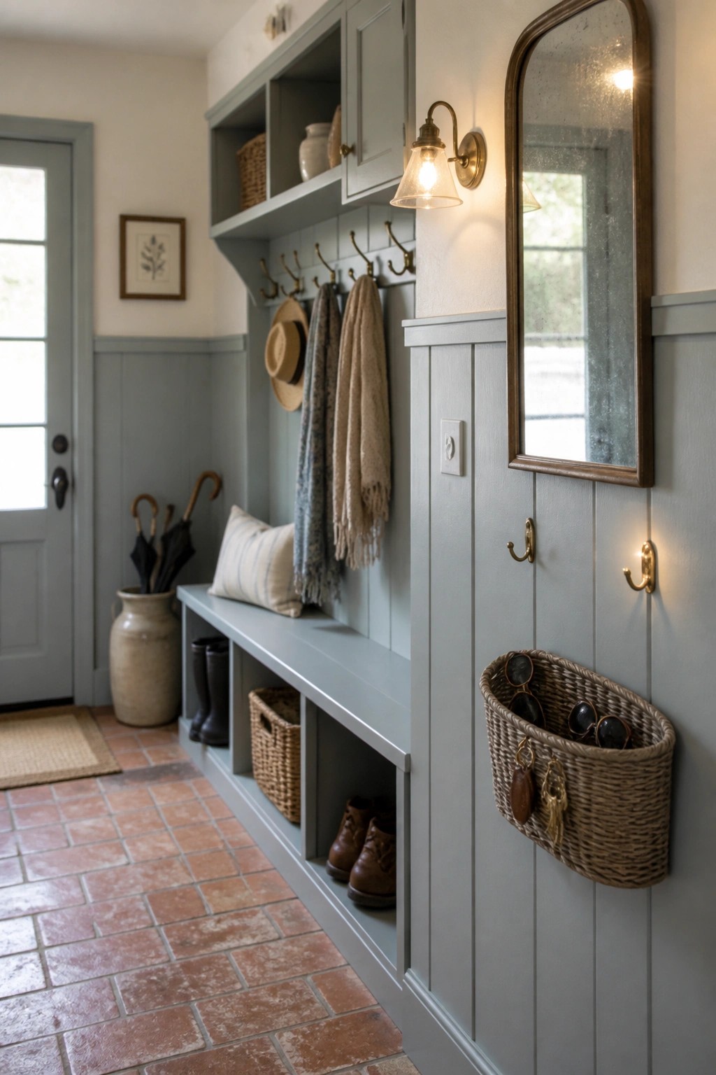 A farmhouse mudroom featuring built-in gray blue storage, a bench with cubbies, wall hooks, and a woven basket mounted on the wall.