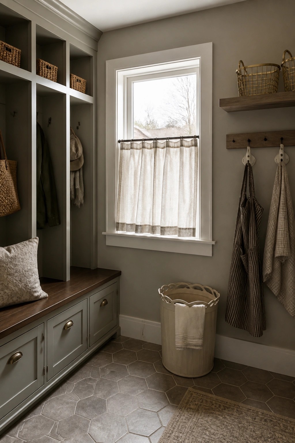 A mudroom with built-in gray green cabinetry and cubbies, wall hooks holding coats and bags, a window with a short linen curtain, a wooden bench with a pillow, and hexagonal floor tiles.